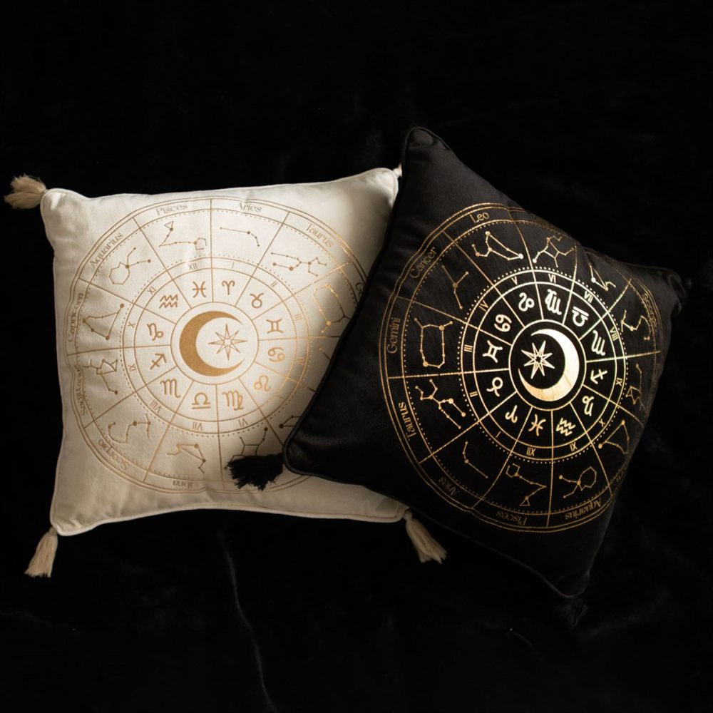 Something Different - 35cm Square Black Astrology Wheel Cushion - Black/Gold coloured